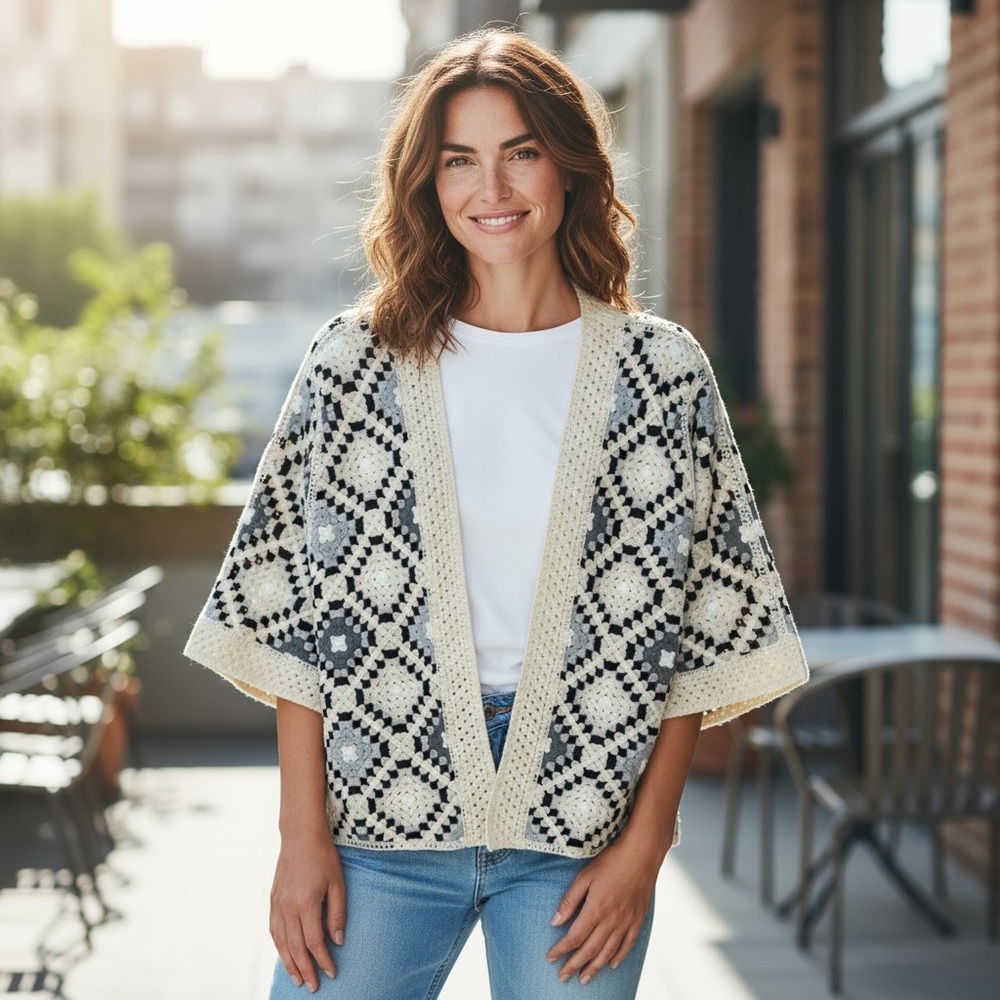 AZ Women’s Elegant‎ Cream, Black and Gray Geometric Kimono Cardigan OS *2158